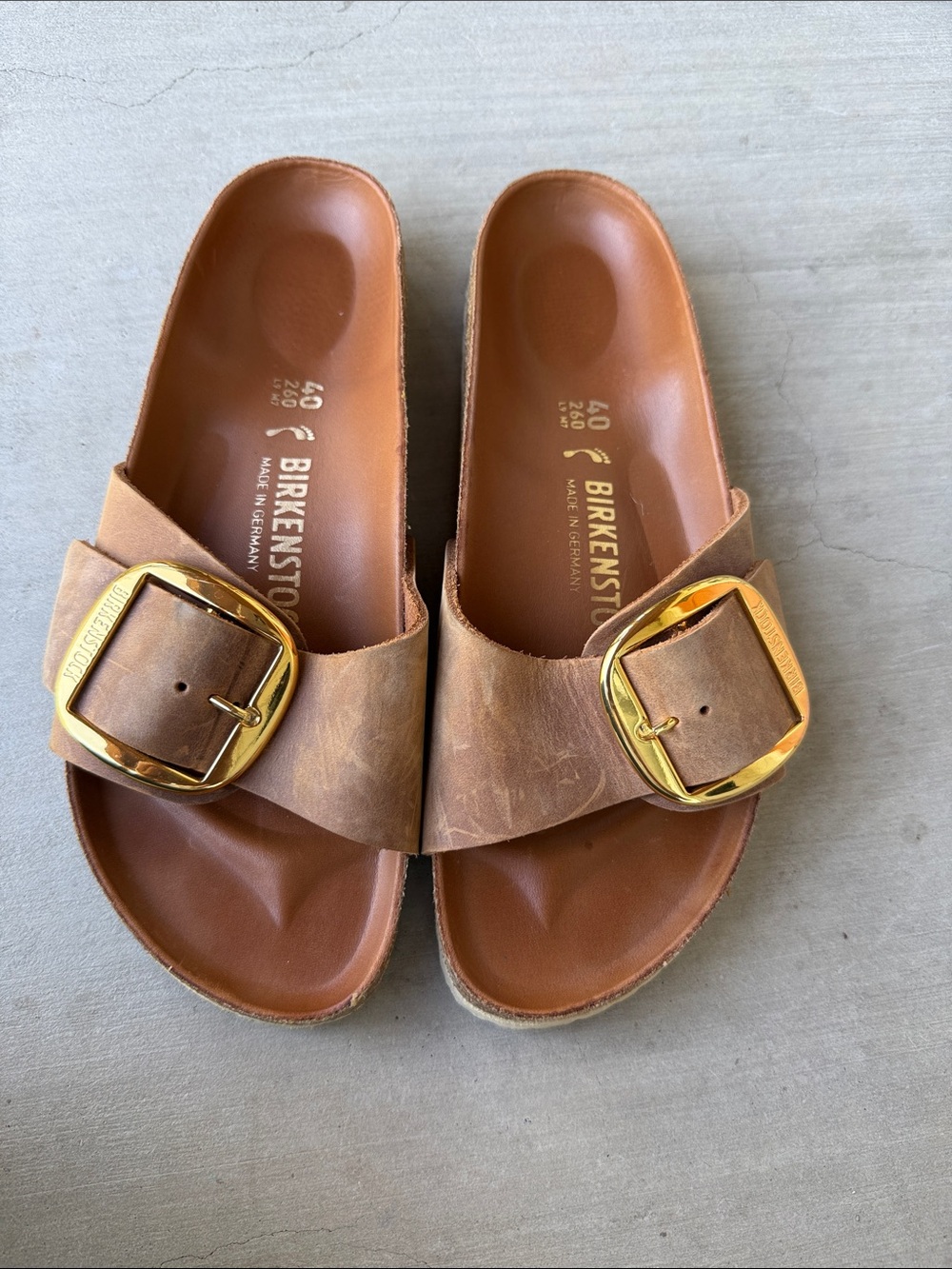 Birkenstock Madrid Single Buckle Slide Sandal - Brown with Gold Buckle